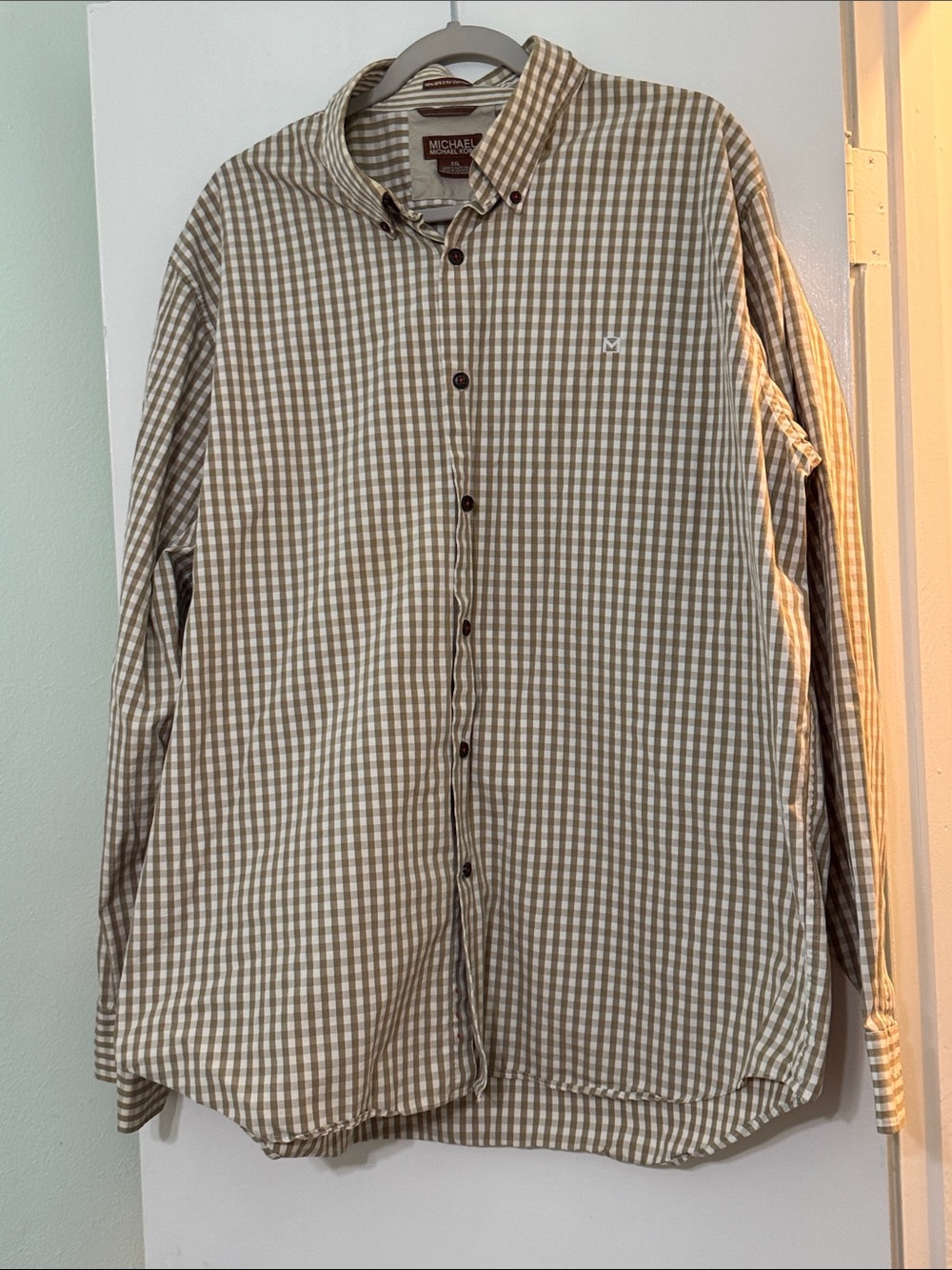 Michael Kors Men's Tan and White Gingham Button-Down Shirt